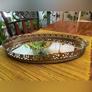 Vintage Vanity Mirror Tray or Wall Hanging, Gold Brass Filigree